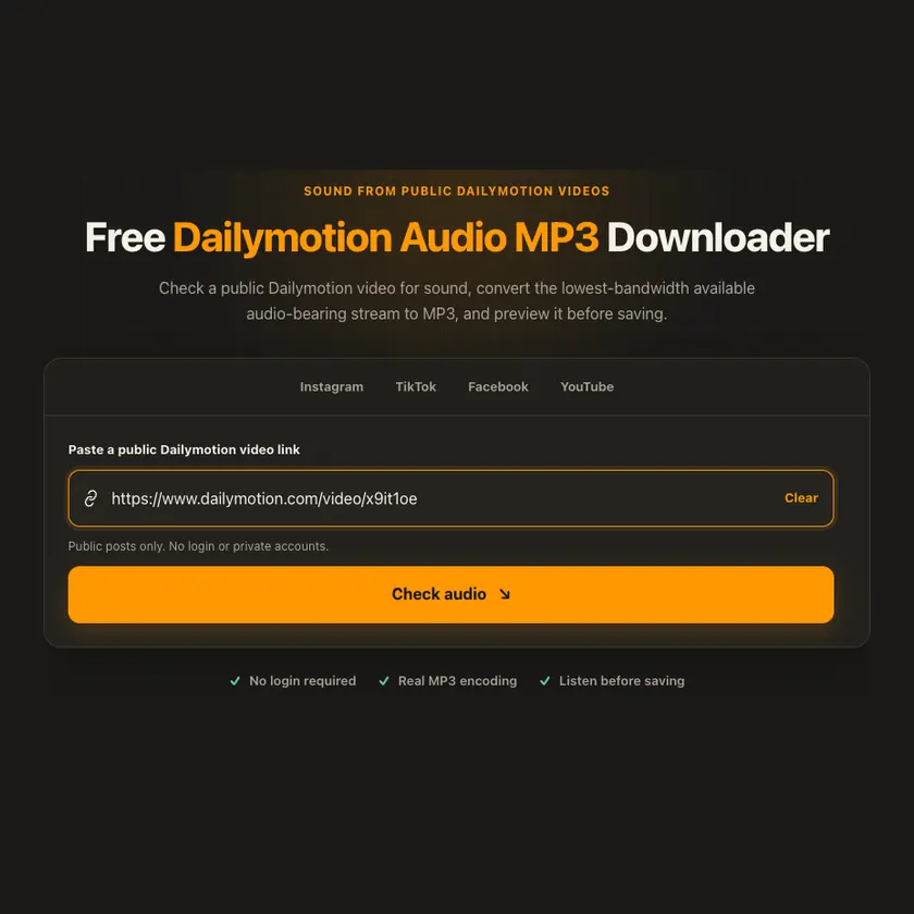 Link entry screen for Dailymotion Audio MP3