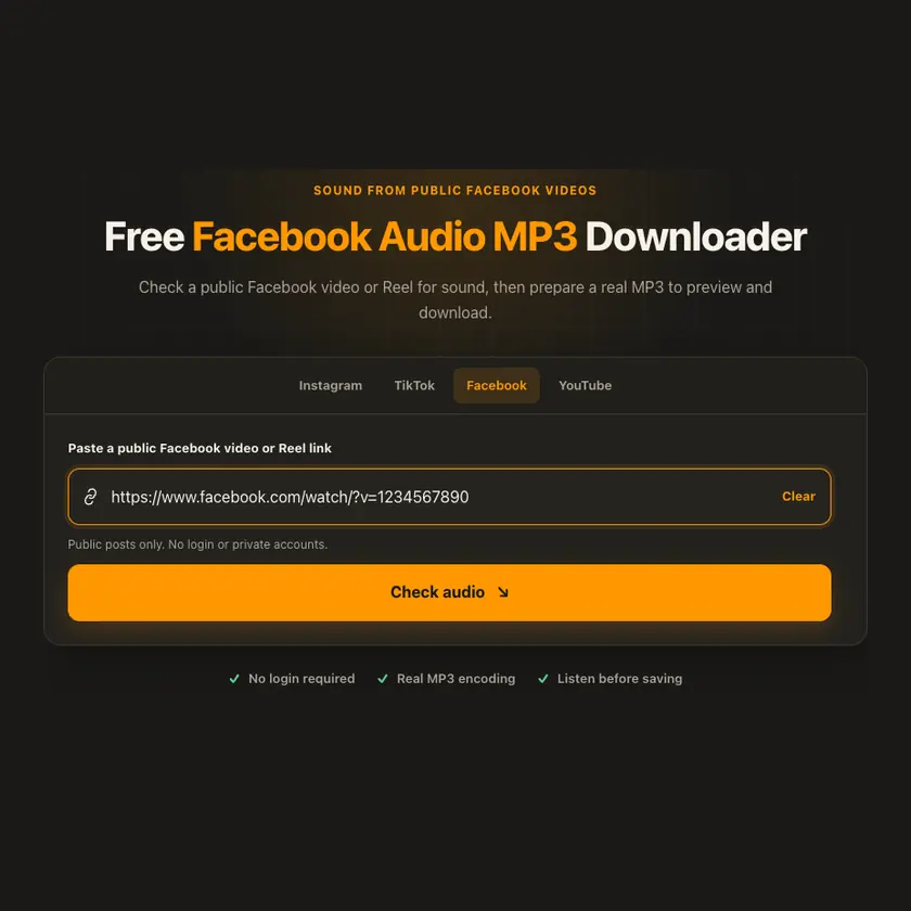 Link entry screen for Facebook Audio MP3