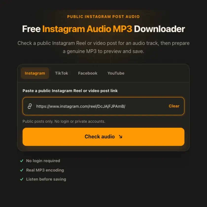 Link entry screen for Instagram Audio MP3