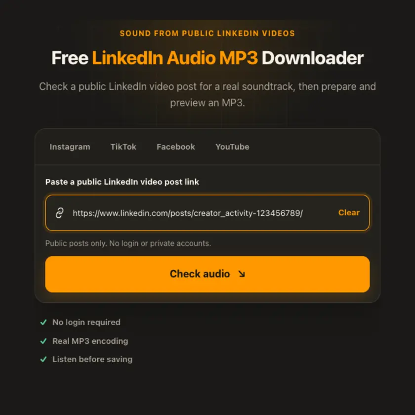 Link entry screen for LinkedIn Audio MP3