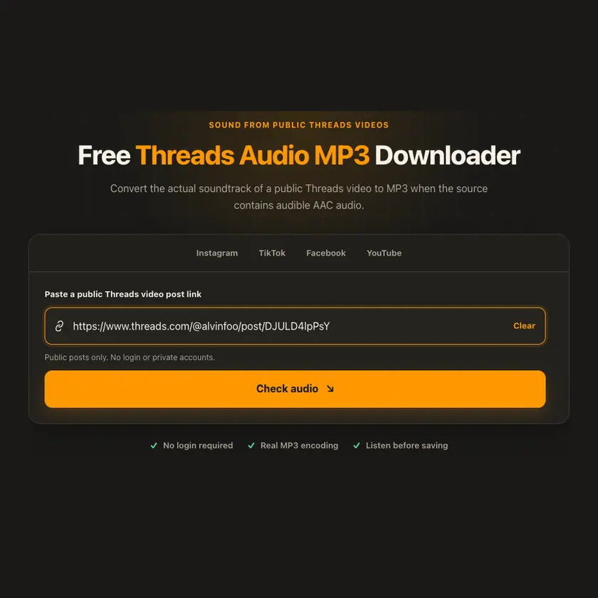 Link entry screen for Threads Audio MP3