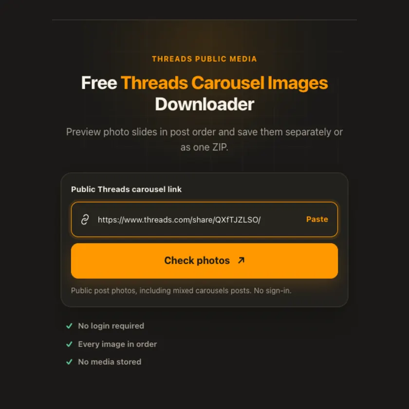 شاشة إدخال الرابط لأداة صور معرض Threads