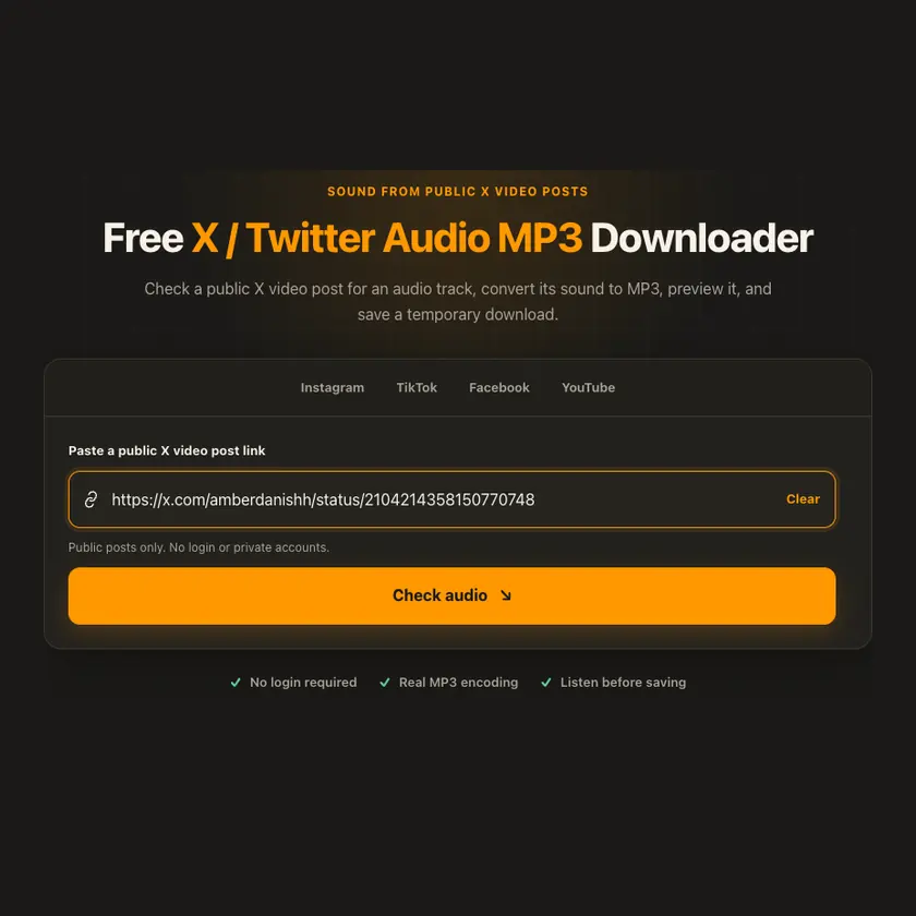 Link entry screen for X / Twitter Audio MP3