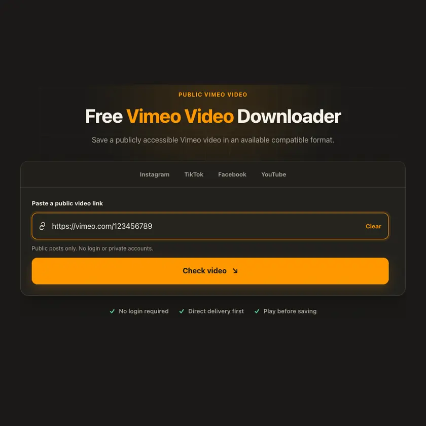 Vimeo వీడియో కోసం లింక్ నమోదు స్క్రీన్