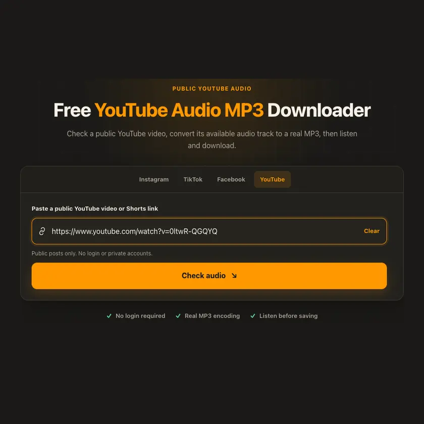 Link entry screen for YouTube Audio MP3