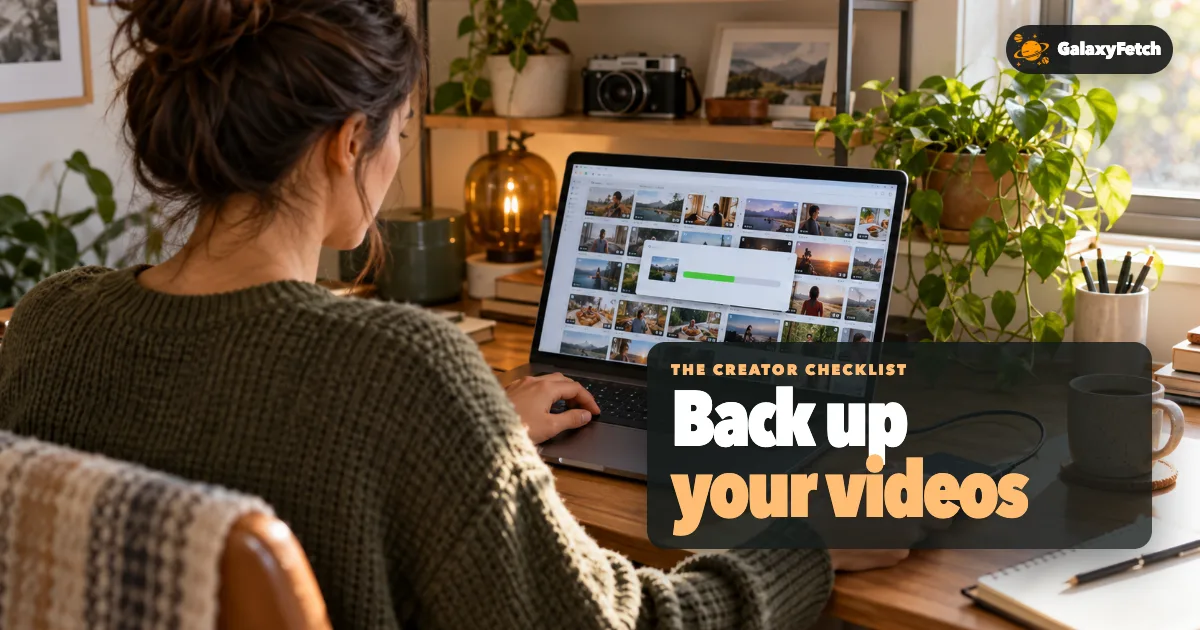 Creator transferring her video archive to a portable drive with Back up your videos headline