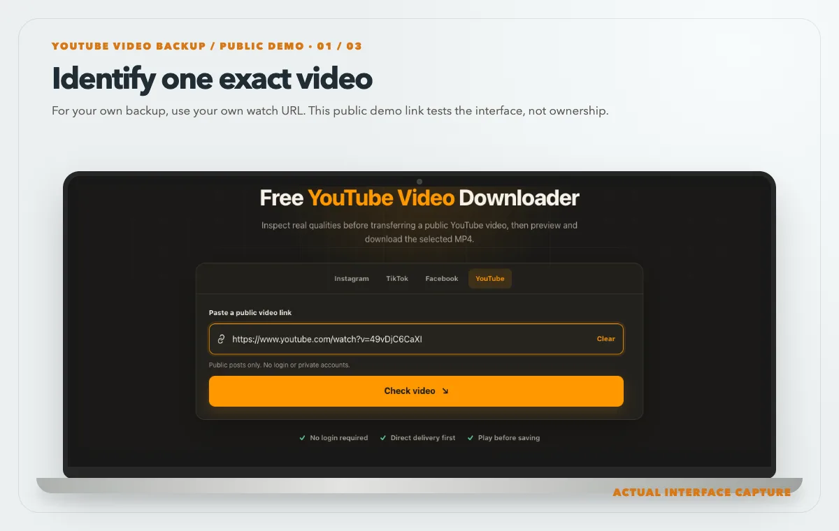 Laptop showing the video downloader with a public demonstration watch URL in the link field