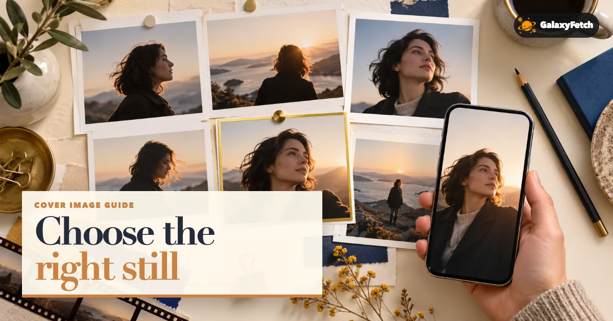 Designer selecting a portrait video still from prints with Choose the right still headline