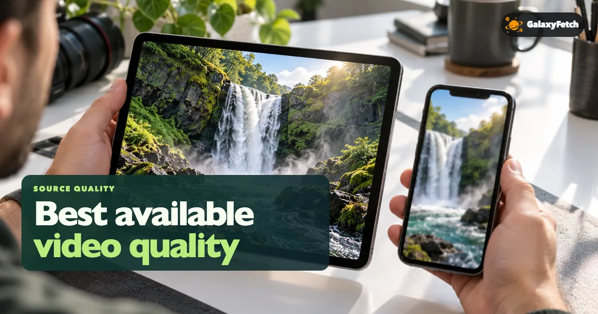 Editor comparing sharp and soft waterfall video renditions with Best available video quality headline
