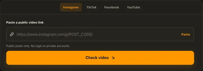 Actual Instagram video tool input and check control before a source is analyzed