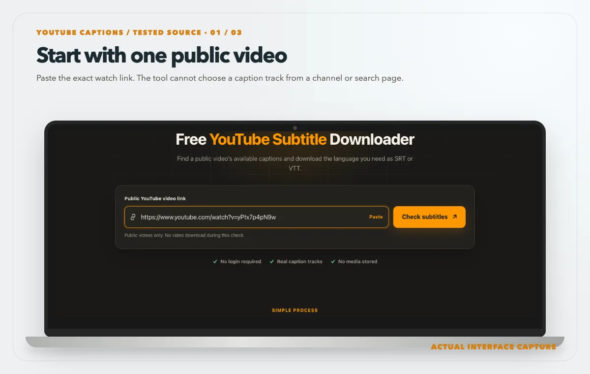 Laptop showing a public YouTube watch link entered into the actual subtitle downloader