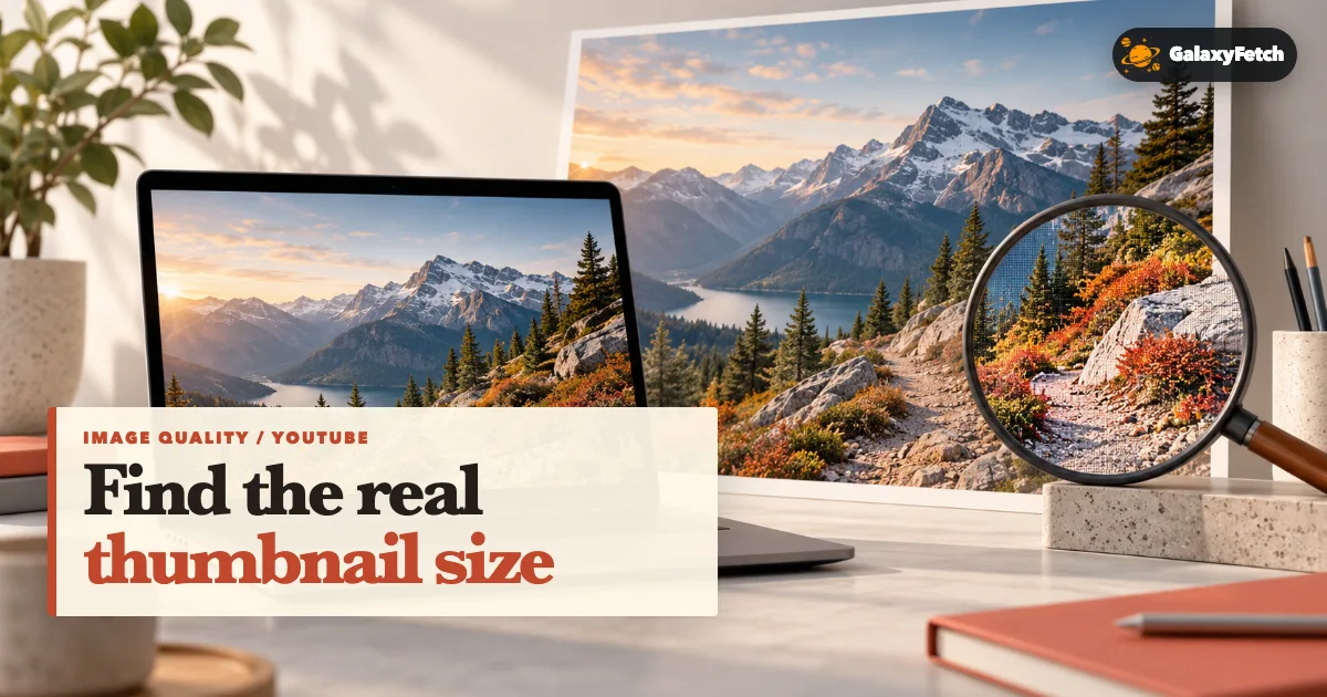 Laptop, mountain photo print, and magnifier under the headline Find the real thumbnail size