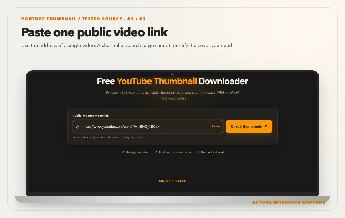 Laptop showing the actual thumbnail tool with a public YouTube video URL in its input field