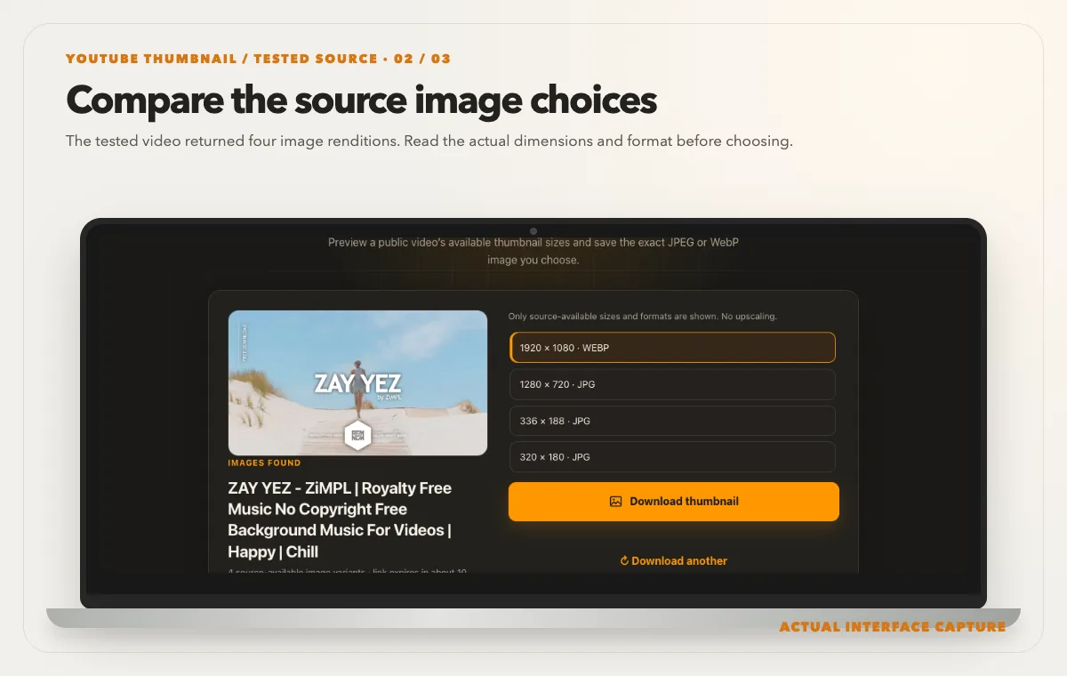 Laptop showing the actual thumbnail result with four source-provided image dimensions and file formats