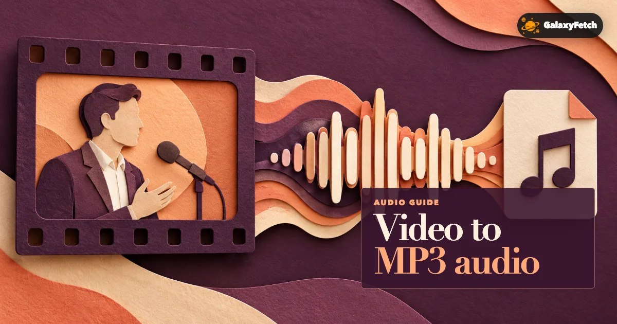 Paper-cut video frame flowing into an audio waveform with Video to MP3 audio headline
