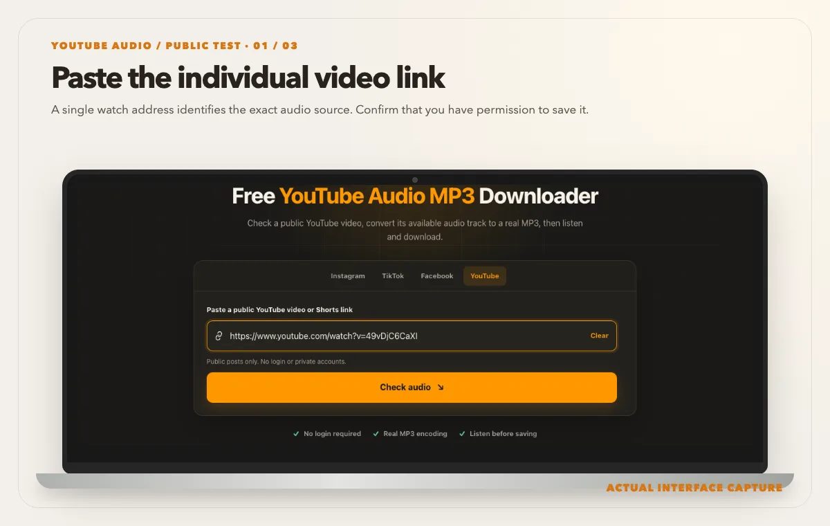 Actual YouTube audio tool on a laptop with the user-supplied public video URL entered
