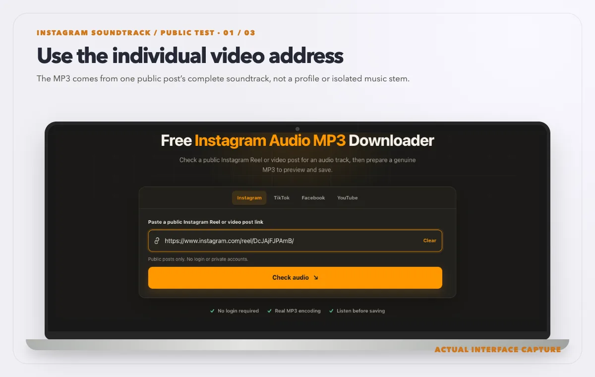 Laptop showing a public Instagram Reel link in the actual Instagram audio MP3 tool