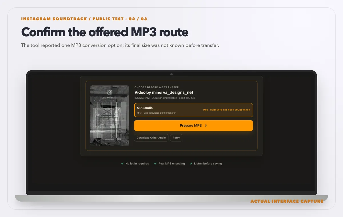 Laptop showing the actual Instagram MP3 analysis and size-calculated-during-transfer label