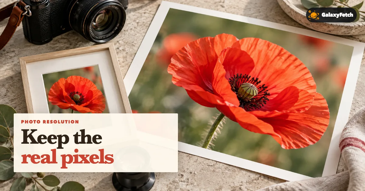 Red-poppy print and smaller framed version with Keep the real pixels headline