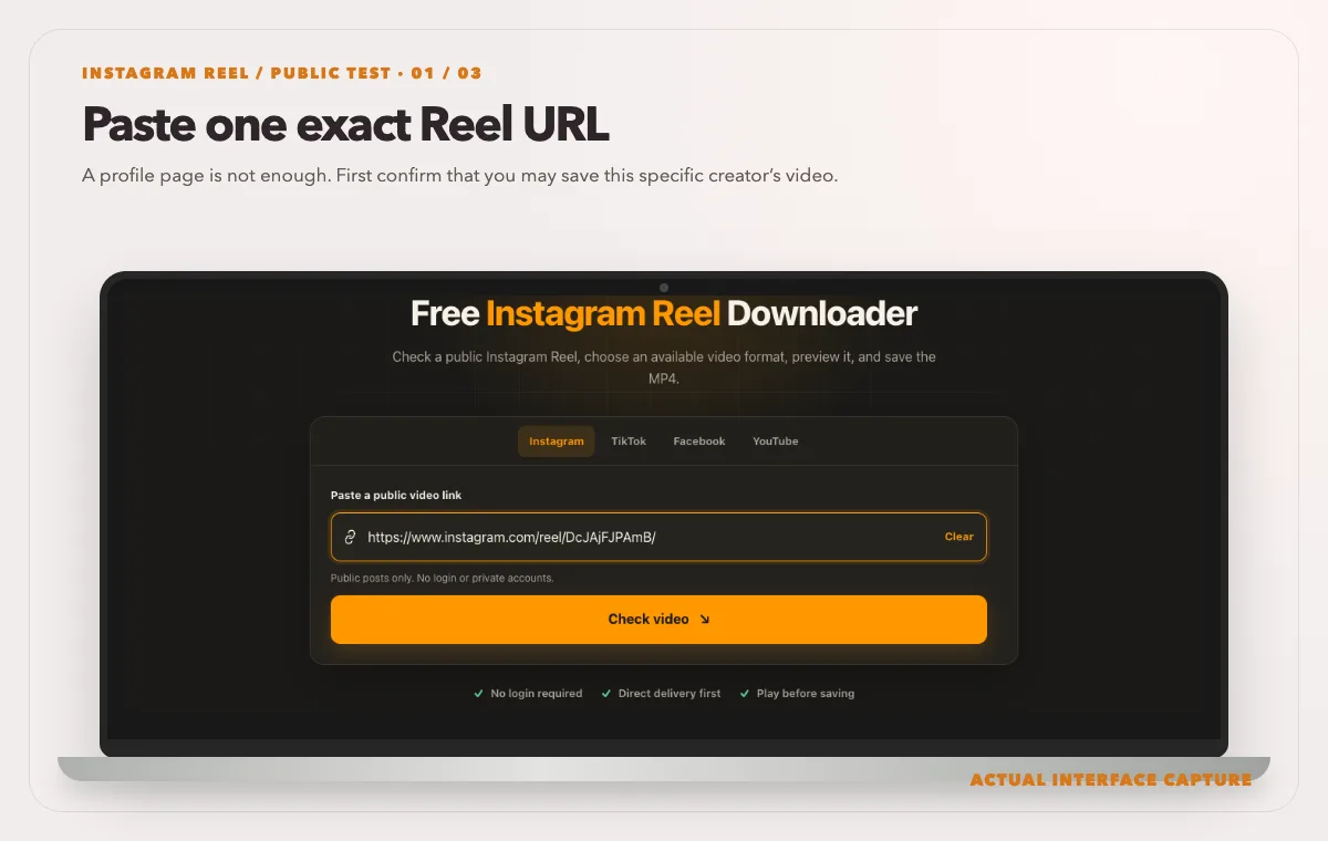 Laptop showing a public Instagram Reel URL in the actual Reel downloader input