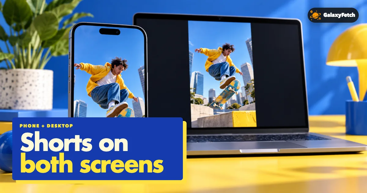 Matching vertical skateboard clip on phone and laptop with Shorts on both screens headline