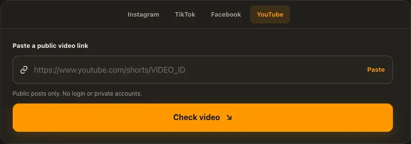 Actual YouTube Shorts tool input and check control before a source is analyzed