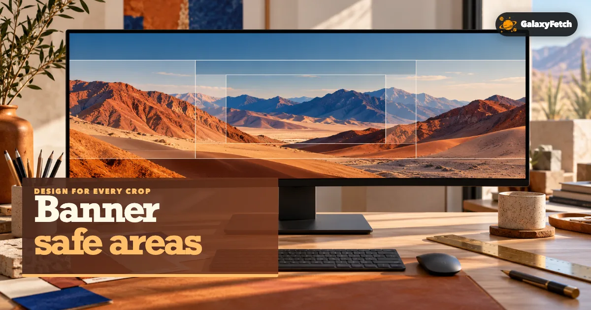 Designer monitor showing a desert channel banner and crop guides with Banner safe areas headline
