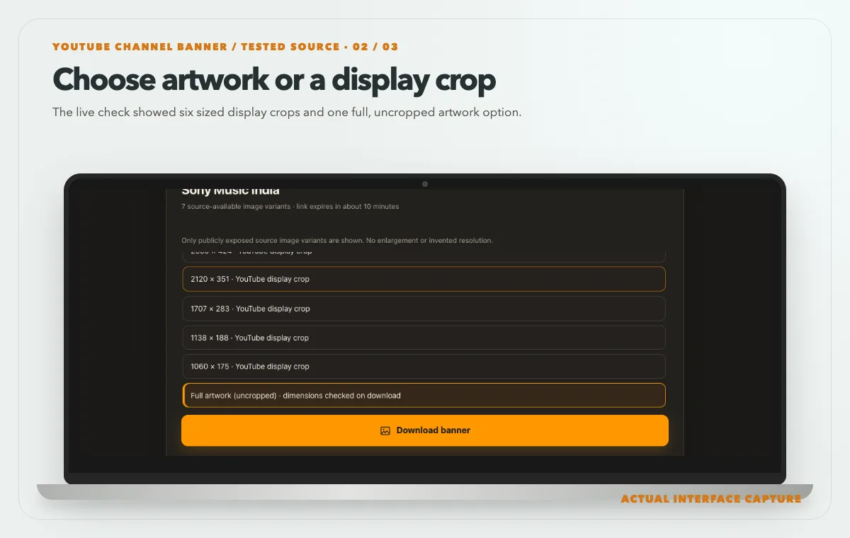 Laptop showing the public channel banner options including display crops and full uncropped artwork