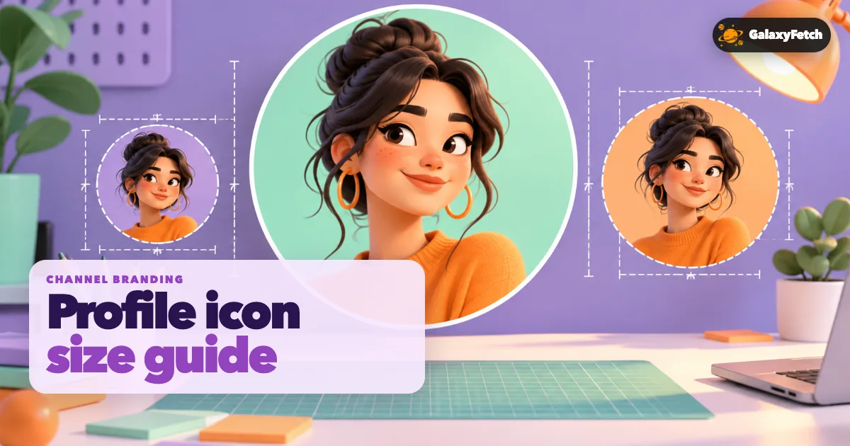 Illustrated portrait in three circular crop sizes with Profile icon size guide headline